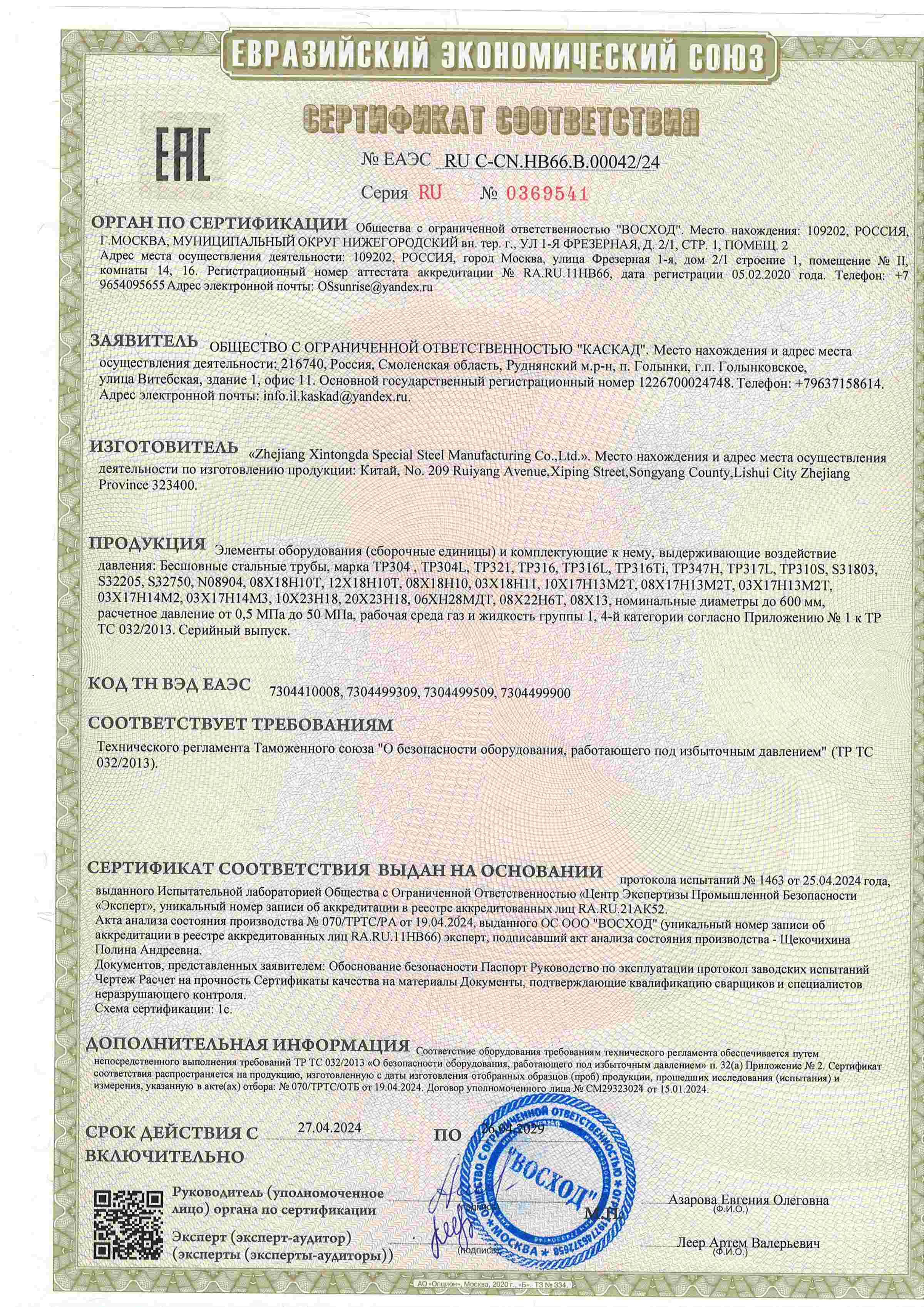 CU TR 032 Certificate