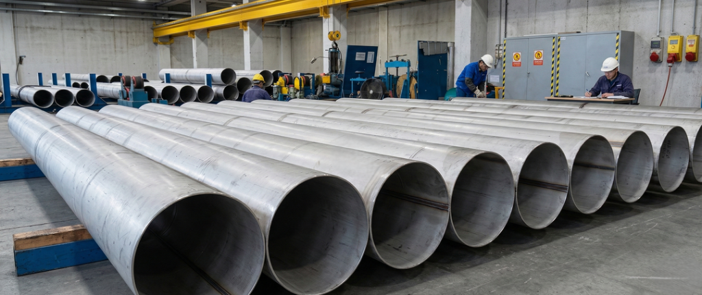 Bunch of welded pipes in factory