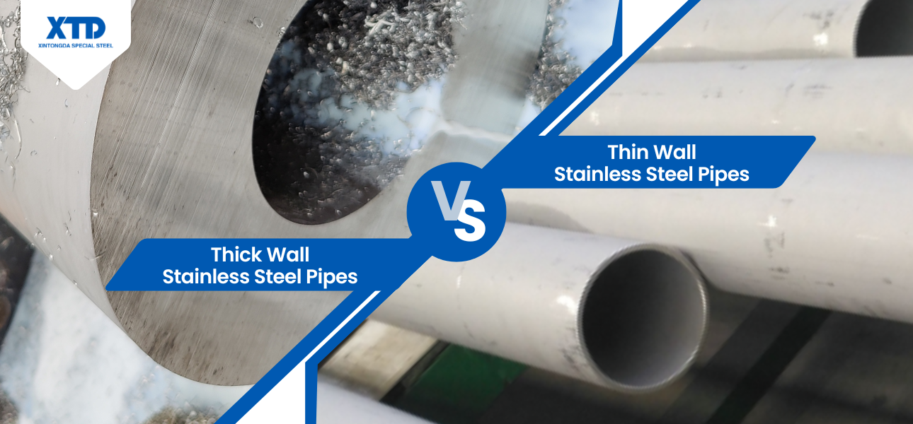 A comparison featured image showing stainless steel pipes. on the left is thick walled pipe image and on the right is thin wall pipe