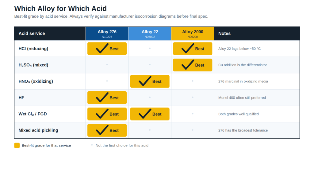 Selection matrix of the best nickel-chromium-molybdenum alloy 276, 22 or 2000 for HCl, H2SO4, HNO3, HF and FGD acid service