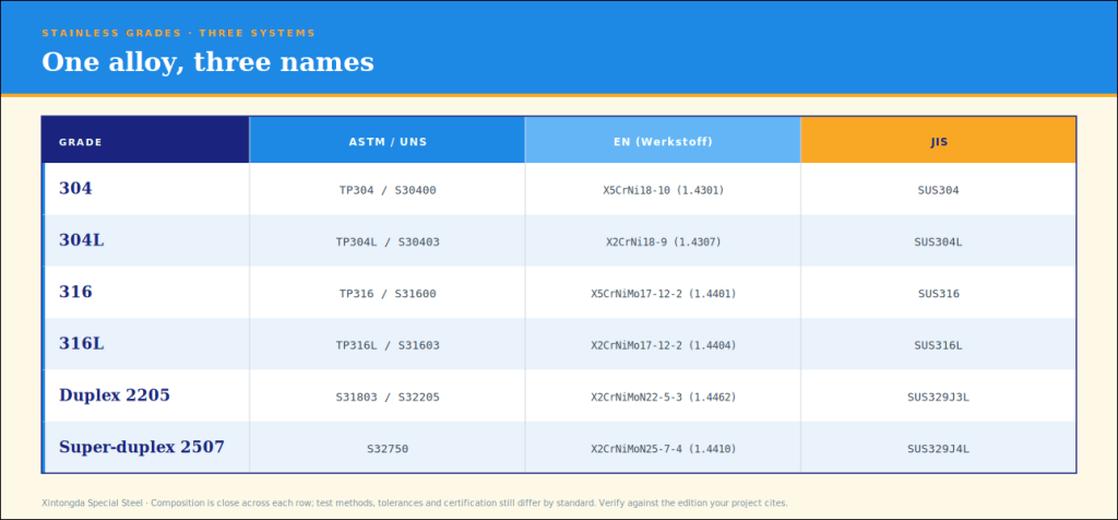 Cross reference of 304, 316L, duplex and super duplex grades across ASTM, EN and JIS systems