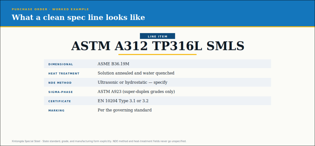 Clean seamless pipe purchase order example with standard, grade, NDE and certificate fields