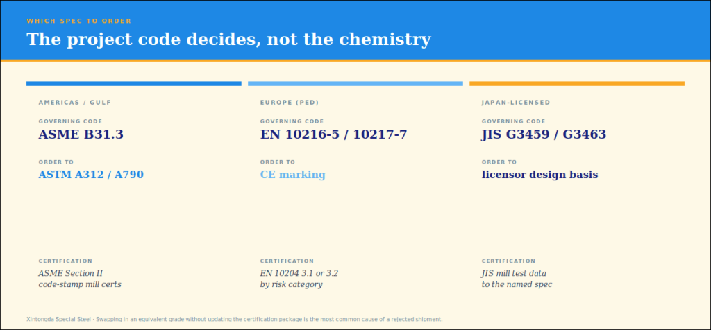 Which pipe spec to order by governing code, ASME versus PED versus JIS with certification