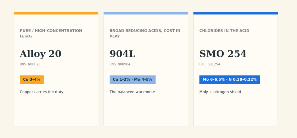 Which grade to choose for pure sulfuric acid mixed reducing acids or chloride bearing acid